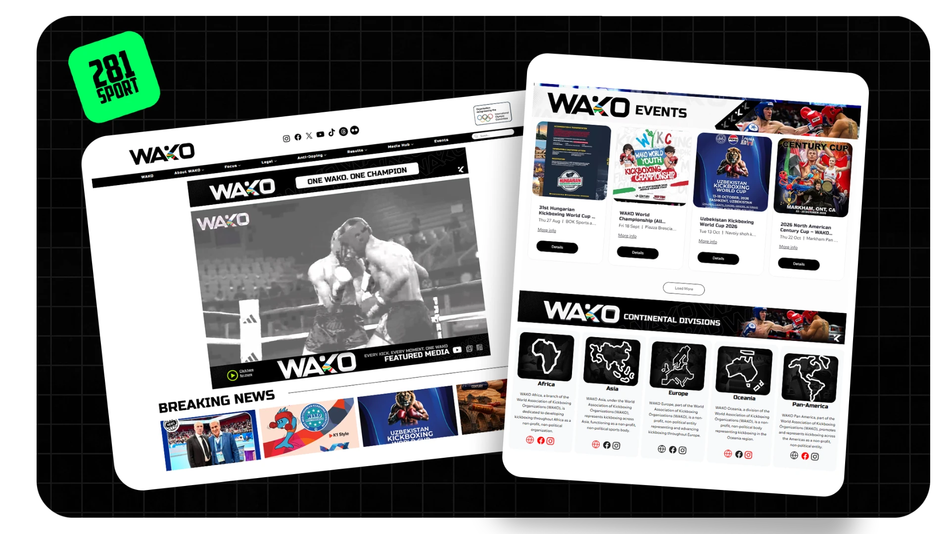 WAKO website homepage and events pages designed by 281Sport